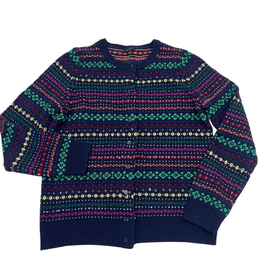 NWT Fair Isle Nordic Cozy Talbots Cottage Sequin Lambswool Blend Cardigan Sz M